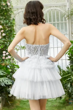 Branco Tiered Corset A-Line Tulle Vestido Branco Pequeno Branco