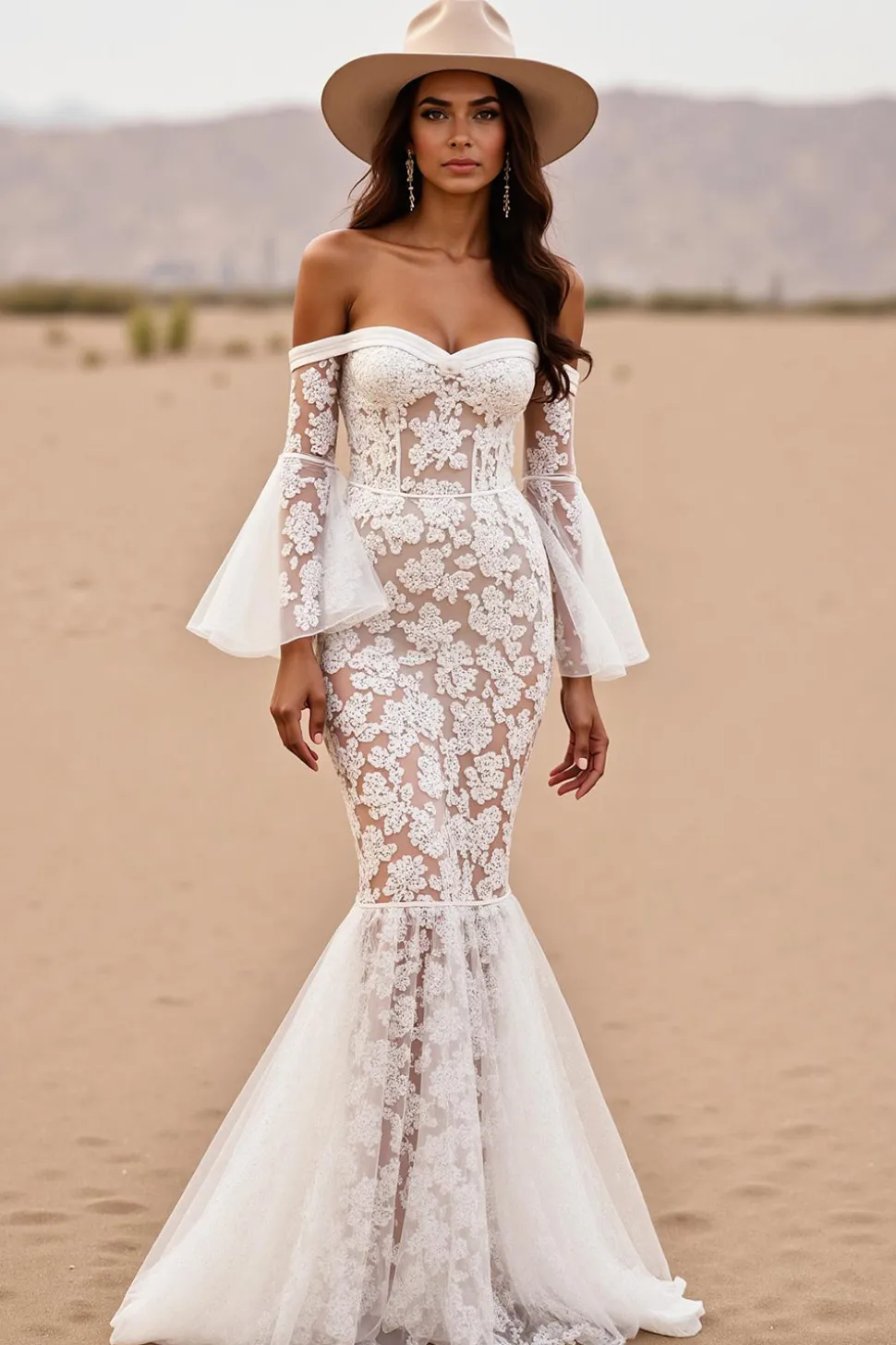 Branco Trompete/sereia Renda Sweep/Brush Trem Vestido de Noiva Boho