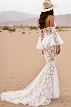 Branco Trompete/sereia Renda Sweep/Brush Trem Vestido de Noiva Boho