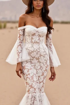 Branco Trompete/sereia Renda Sweep/Brush Trem Vestido de Noiva Boho