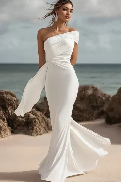 Branco Um Ombro Ruched Sereia Longo Vestidos Cerimónia