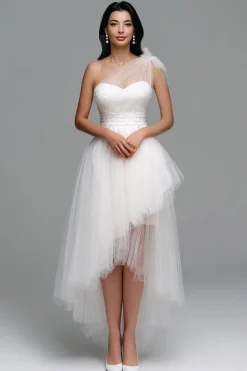 Branco Um Ombro Tule Alto Baixo Noivado Vestido