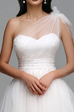 Branco Um Ombro Tule Alto Baixo Noivado Vestido