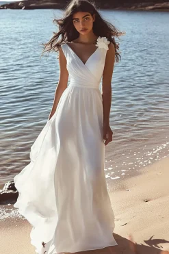 Branco Uma linha Decote em V Longos Vestido De Noiva Simples