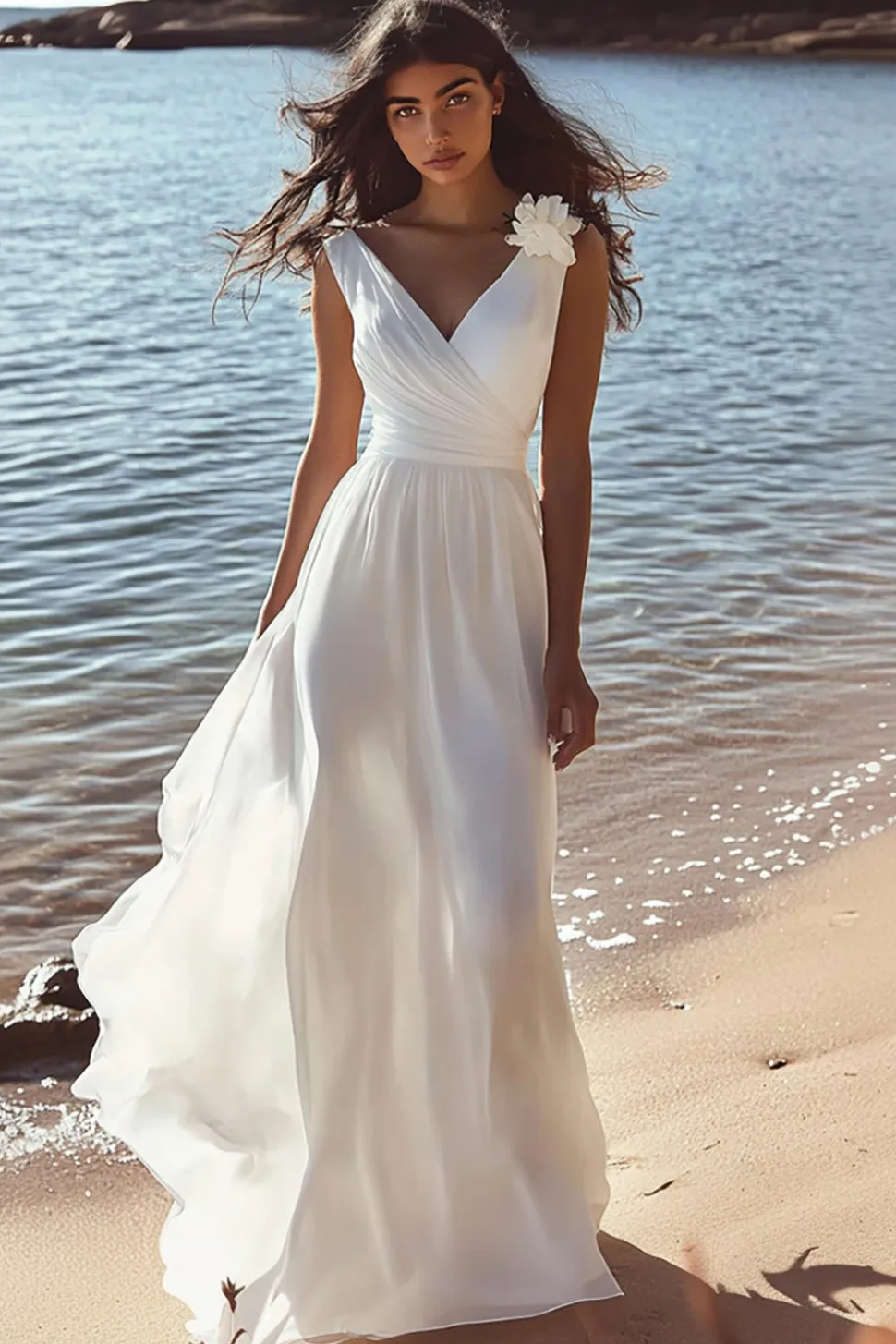 Branco Uma linha Decote em V Longos Vestido De Noiva Simples