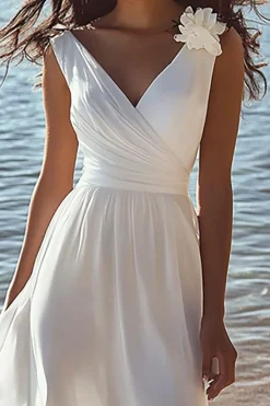 Branco Uma linha Decote em V Longos Vestido De Noiva Simples