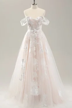 Branco Uma linha fora do ombro tule vestido de noiva com Applique Lace