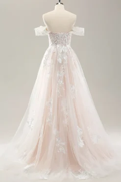 Branco Uma linha fora do ombro tule vestido de noiva com Applique Lace