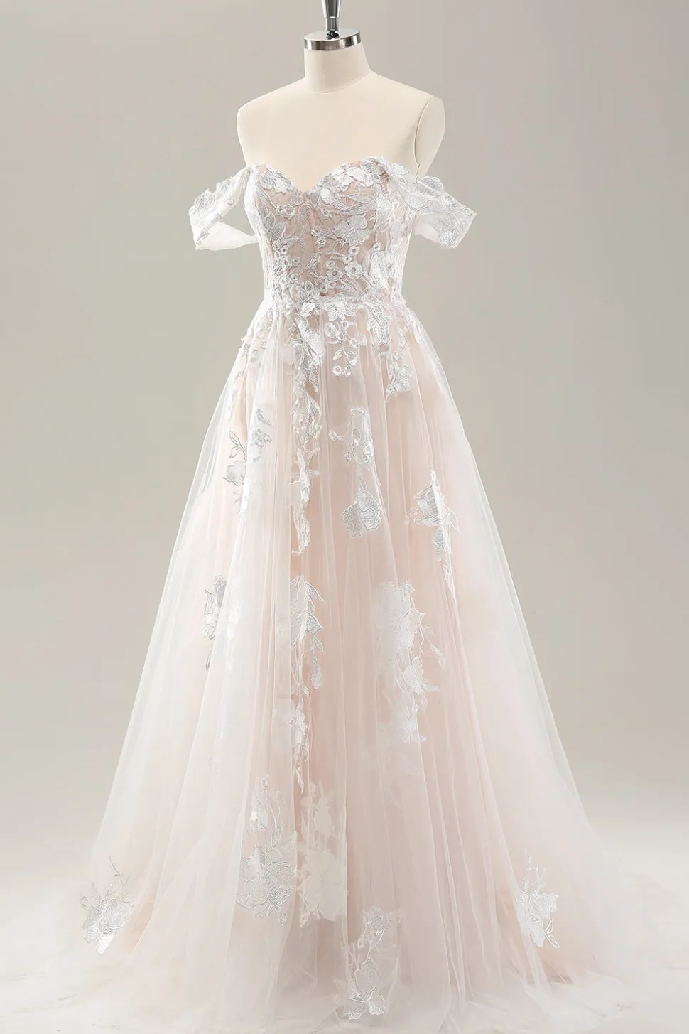 Branco Uma linha fora do ombro tule vestido de noiva com Applique Lace