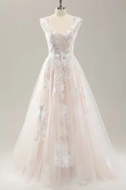 Branco Uma linha fora do ombro tule vestido de noiva com Applique Lace