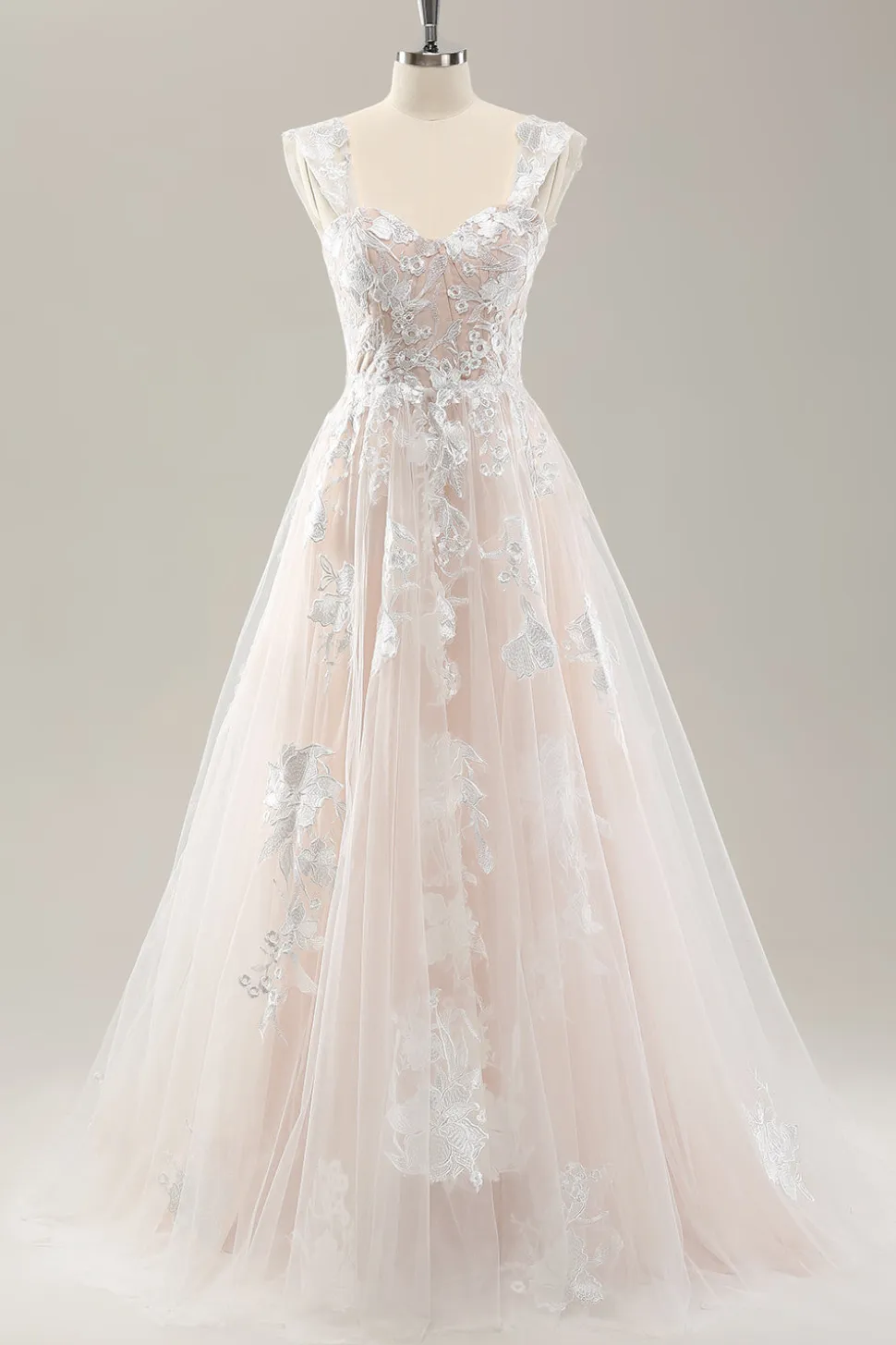 Branco Uma linha fora do ombro tule vestido de noiva com Applique Lace