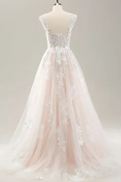 Branco Uma linha fora do ombro tule vestido de noiva com Applique Lace