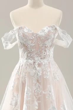 Branco Uma linha fora do ombro tule vestido de noiva com Applique Lace