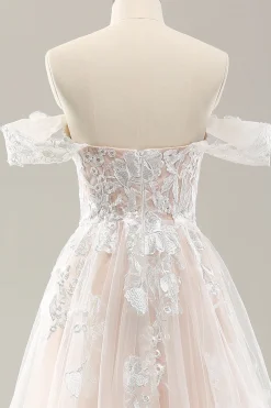 Branco Uma linha fora do ombro tule vestido de noiva com Applique Lace