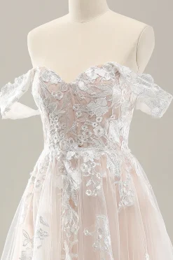 Branco Uma linha fora do ombro tule vestido de noiva com Applique Lace