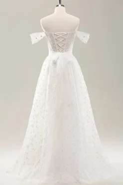 Branco Uma linha fora do ombro espartilho vestido de noiva com renda para trás