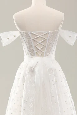 Branco Uma linha fora do ombro espartilho vestido de noiva com renda para trás