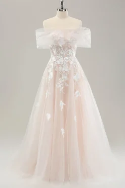 Branco Uma linha fora do ombro tule vestido de noiva com bordado