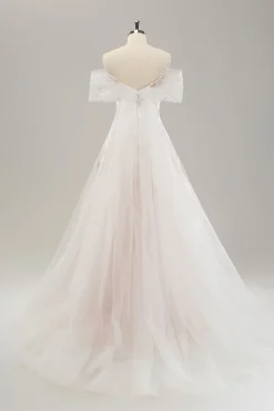 Branco Uma linha fora do ombro tule vestido de noiva com bordado