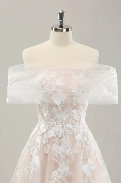 Branco Uma linha fora do ombro tule vestido de noiva com bordado