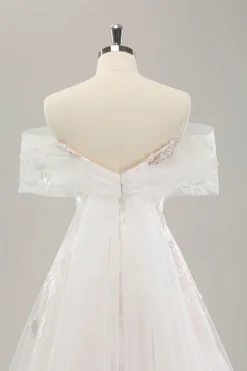 Branco Uma linha fora do ombro tule vestido de noiva com bordado
