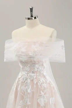 Branco Uma linha fora do ombro tule vestido de noiva com bordado