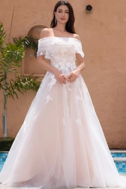 Branco Uma linha fora do ombro tule renda vestido de festa de noiva com bordado