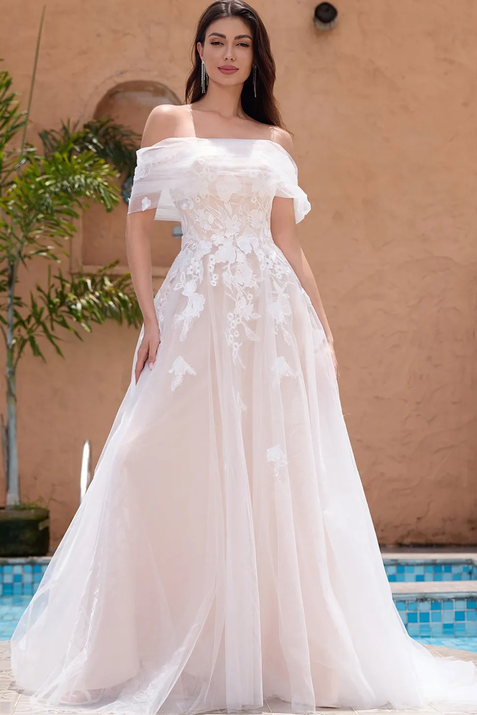 Branco Uma linha fora do ombro tule renda vestido de festa de noiva com bordado