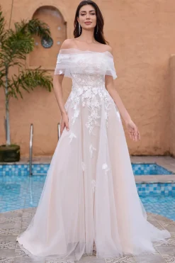 Branco Uma linha fora do ombro tule renda vestido de festa de noiva com bordado