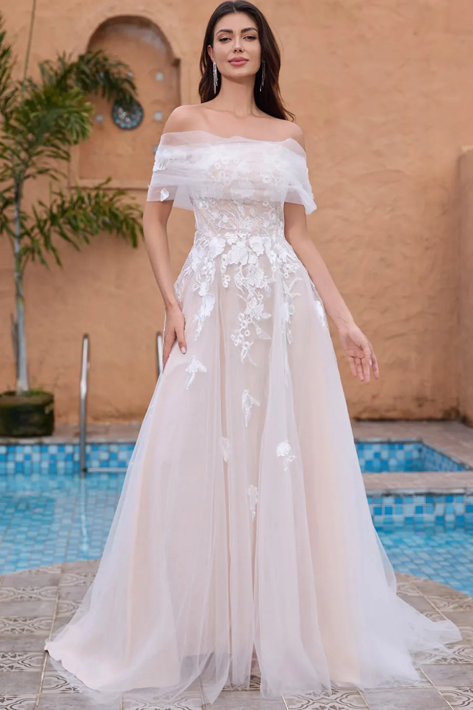 Branco Uma linha fora do ombro tule renda vestido de festa de noiva com bordado