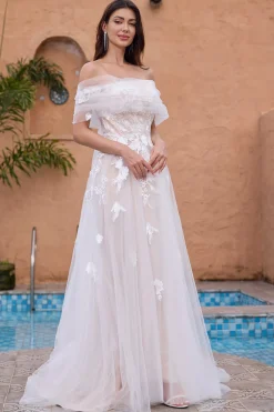 Branco Uma linha fora do ombro tule renda vestido de festa de noiva com bordado