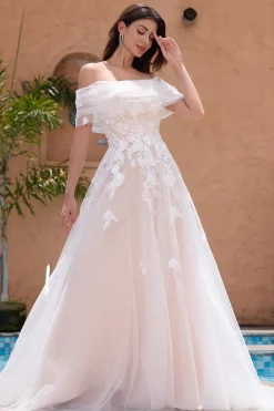Branco Uma linha fora do ombro tule renda vestido de festa de noiva com bordado