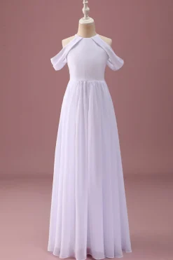Branco Uma linha fora do ombro Chiffon Ruched Junior vestido de dama de honra