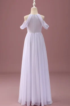 Branco Uma linha fora do ombro Chiffon Ruched Junior vestido de dama de honra