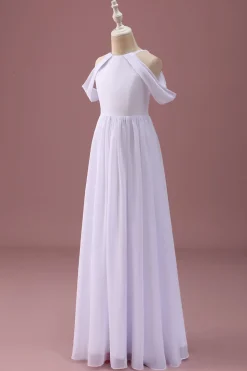Branco Uma linha fora do ombro Chiffon Ruched Junior vestido de dama de honra