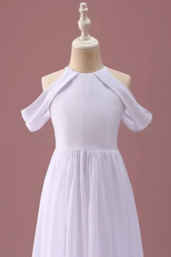 Branco Uma linha fora do ombro Chiffon Ruched Junior vestido de dama de honra