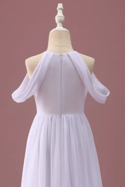 Branco Uma linha fora do ombro Chiffon Ruched Junior vestido de dama de honra