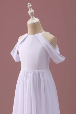 Branco Uma linha fora do ombro Chiffon Ruched Junior vestido de dama de honra