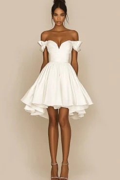 Branco Uma linha fora do ombro cetim babado vestido de formatura