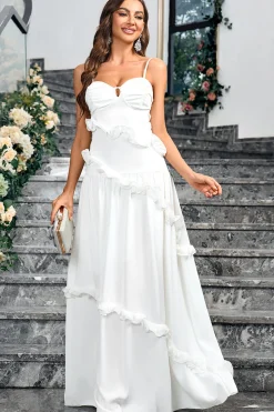 Branco Uma linha querida pescoço espaguete alças longo vestido simples