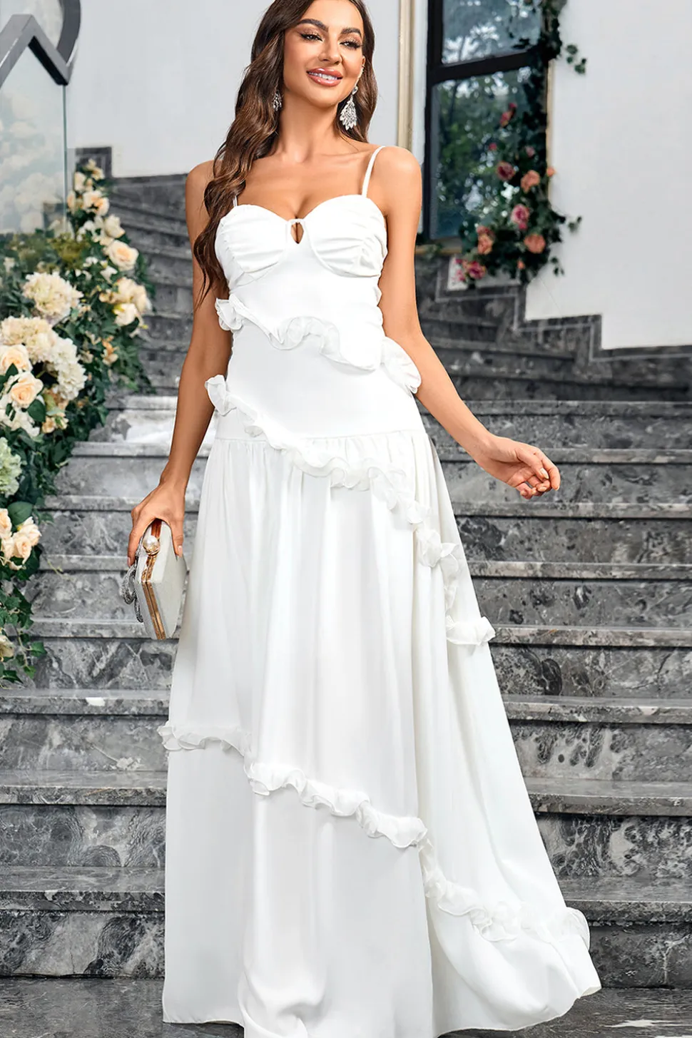 Branco Uma linha querida pescoço espaguete alças longo vestido simples