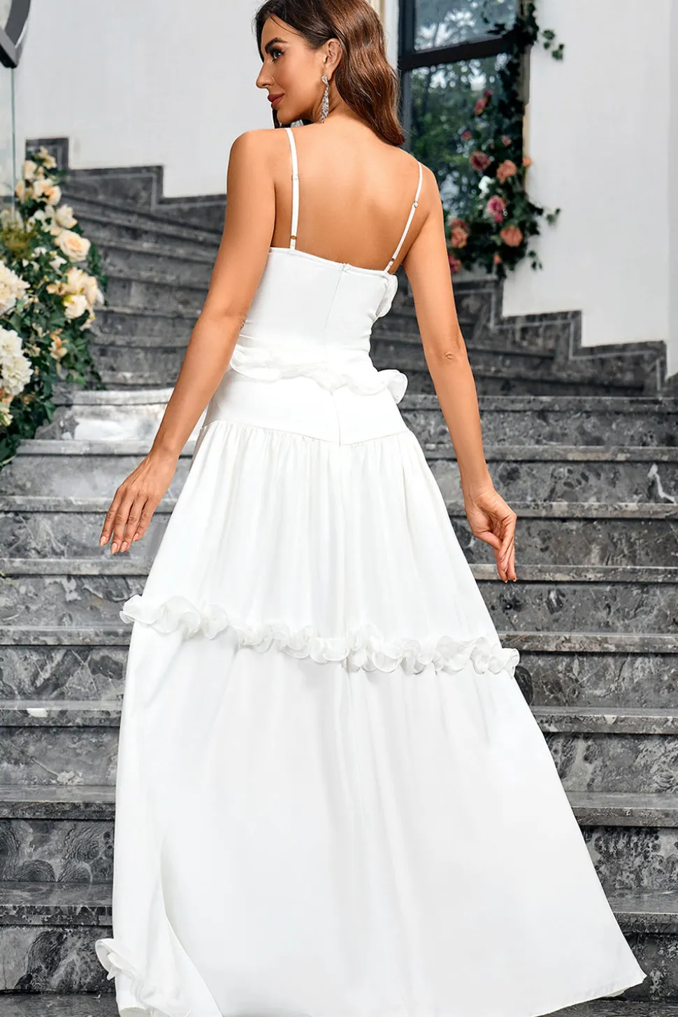 Branco Uma linha querida pescoço espaguete alças longo vestido simples