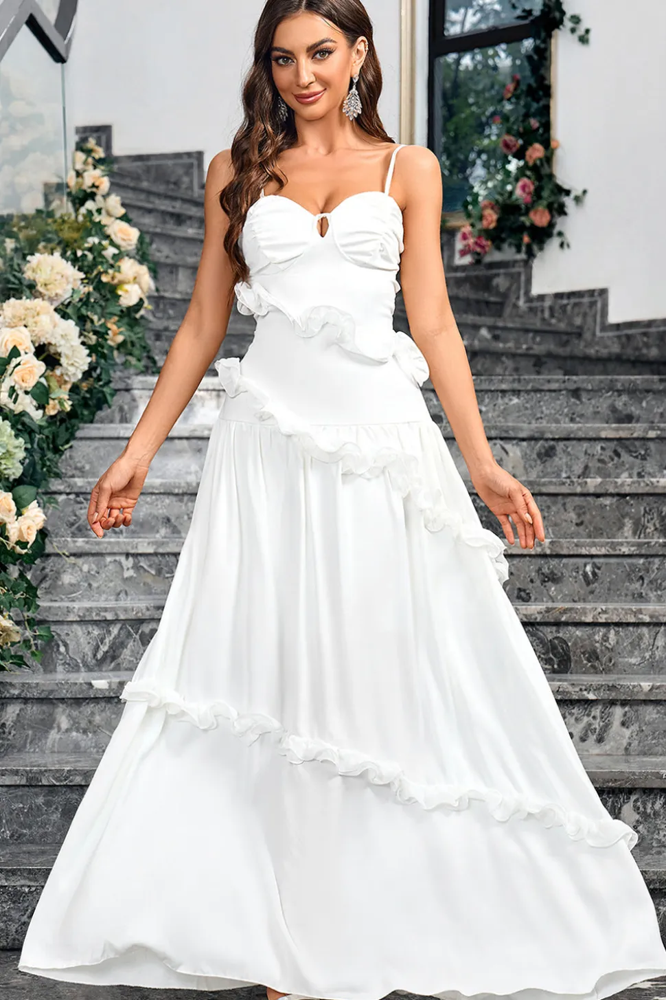 Branco Uma linha querida pescoço espaguete alças longo vestido simples