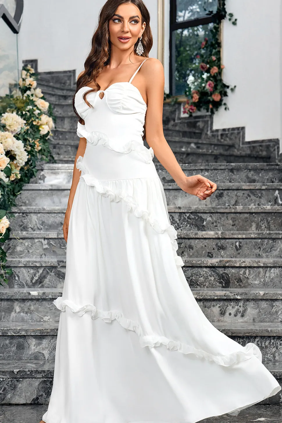 Branco Uma linha querida pescoço espaguete alças longo vestido simples