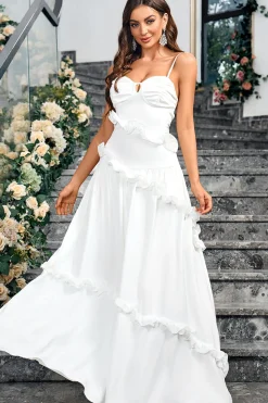 Branco Uma linha querida pescoço espaguete alças longo vestido simples