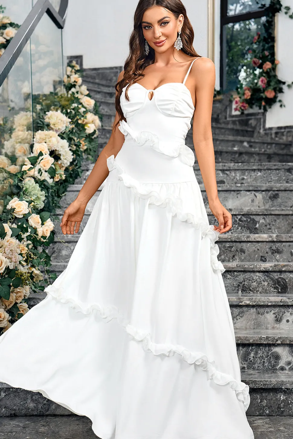 Branco Uma linha querida pescoço espaguete alças longo vestido simples