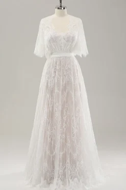 Branco Uma linha querida renda vestido de noiva longo com mangas curtas