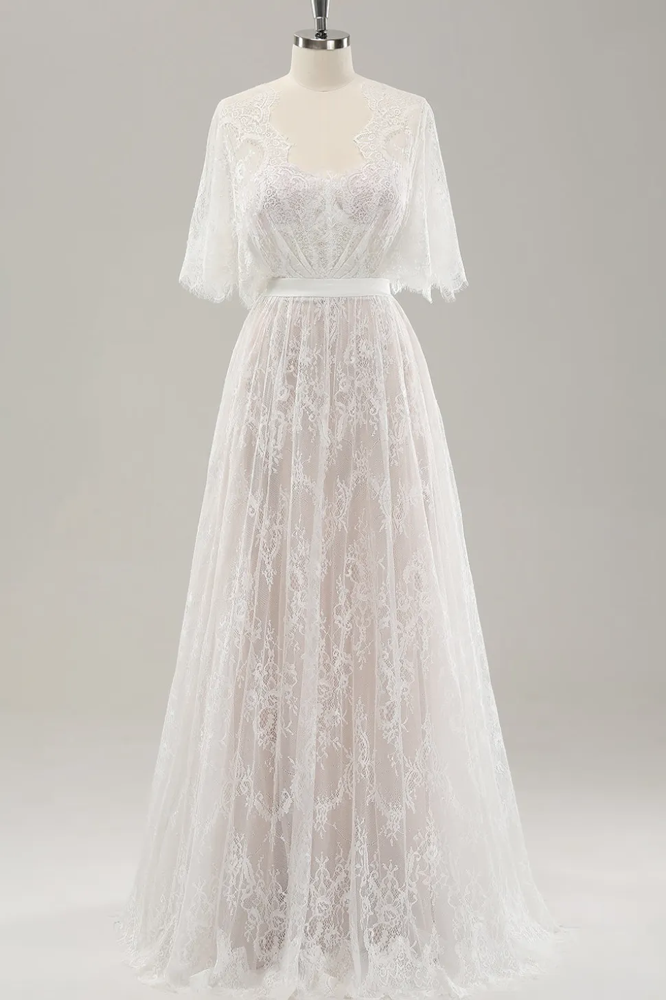 Branco Uma linha querida renda vestido de noiva longo com mangas curtas