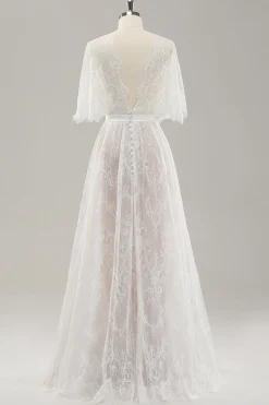 Branco Uma linha querida renda vestido de noiva longo com mangas curtas