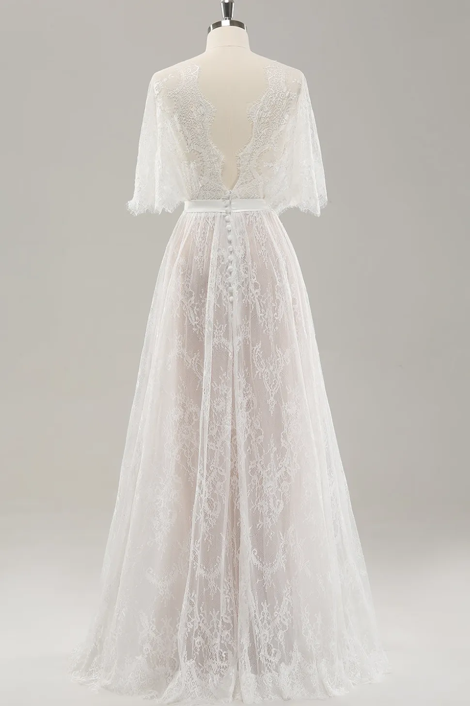 Branco Uma linha querida renda vestido de noiva longo com mangas curtas